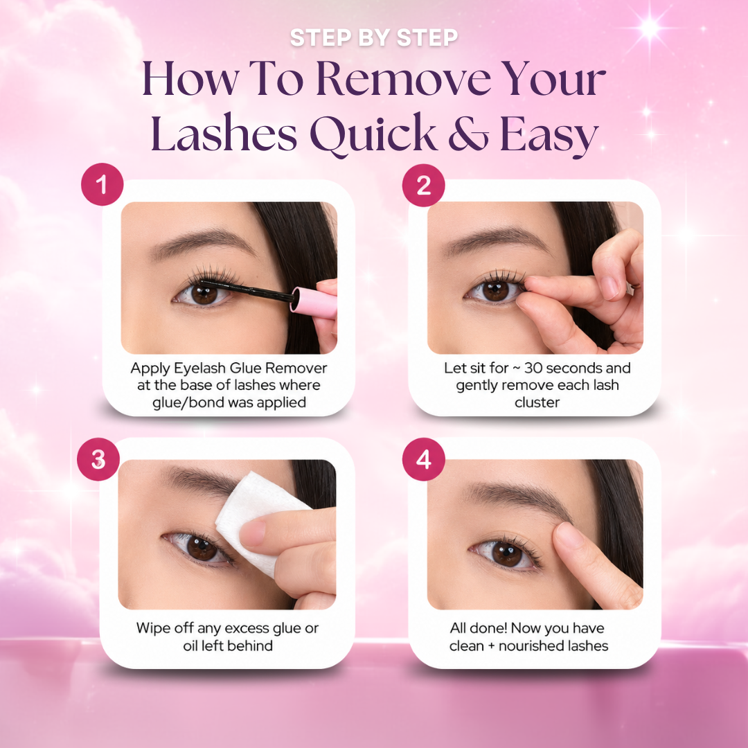 Step-by-step instructions for safely removing lash clusters using lash remover after wearing Black Bond & Seal.