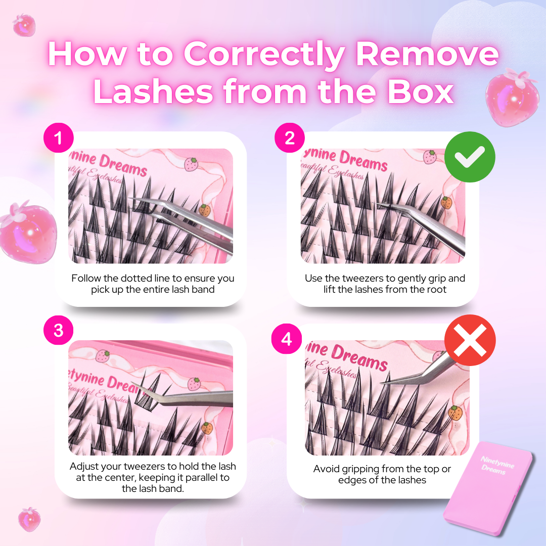Step by step guide showing how to correctly remove lash clusters from the Manhua Lashes Book tray