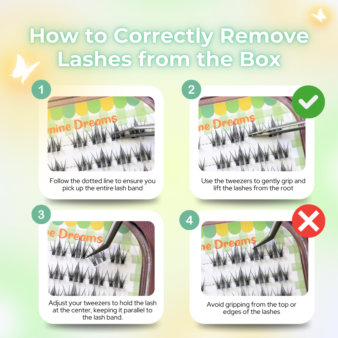 Guide showing how to correctly remove No Glue Auradream Lashes from lash tray