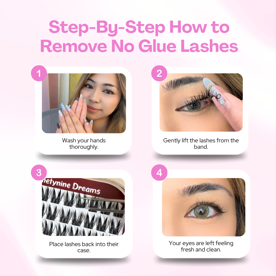 Step-by-step guide showing how to safely remove self-adhesive no glue cluster lashes after wear.