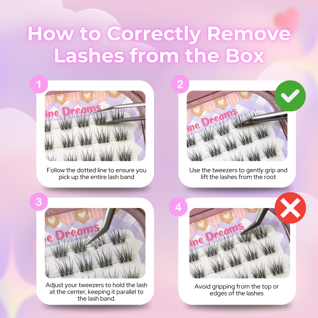 Guide showing correct way to remove No Glue Cottonkiss Lashes without damaging lashes