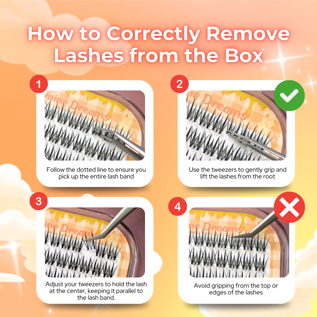 Guide showing how to correctly remove No Glue Honeybun Lashes from lash tray