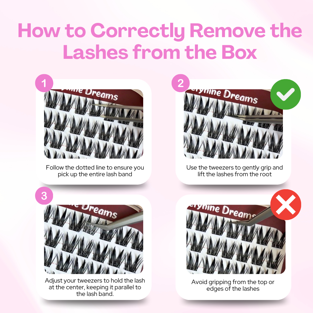 Guide demonstrating the correct way to remove self-adhesive cluster lashes from the tray while protecting the adhesive band.