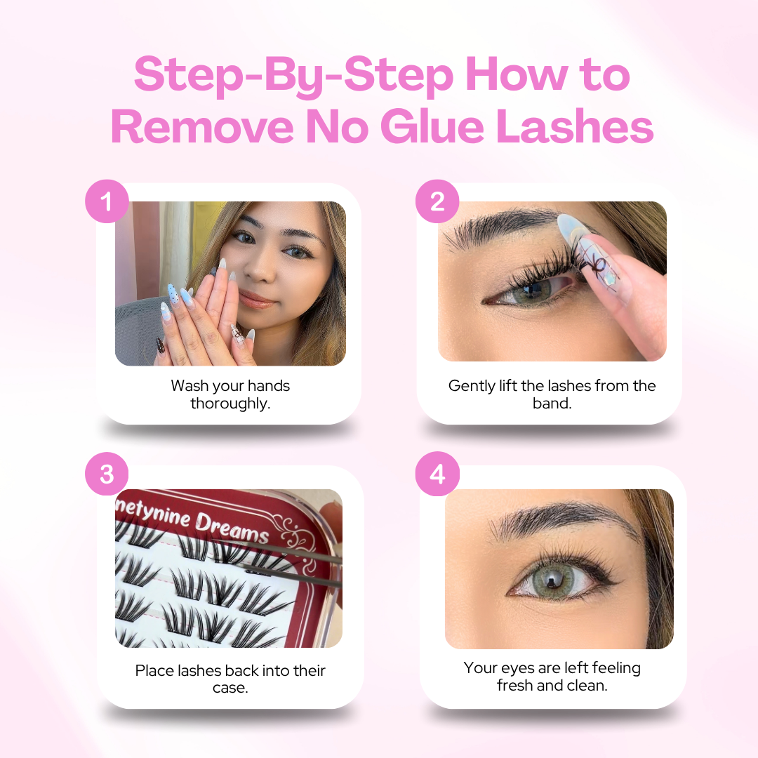 Step-by-step guide for safely removing [NO GLUE] Lovestain self-adhesive cluster lashes after wear.