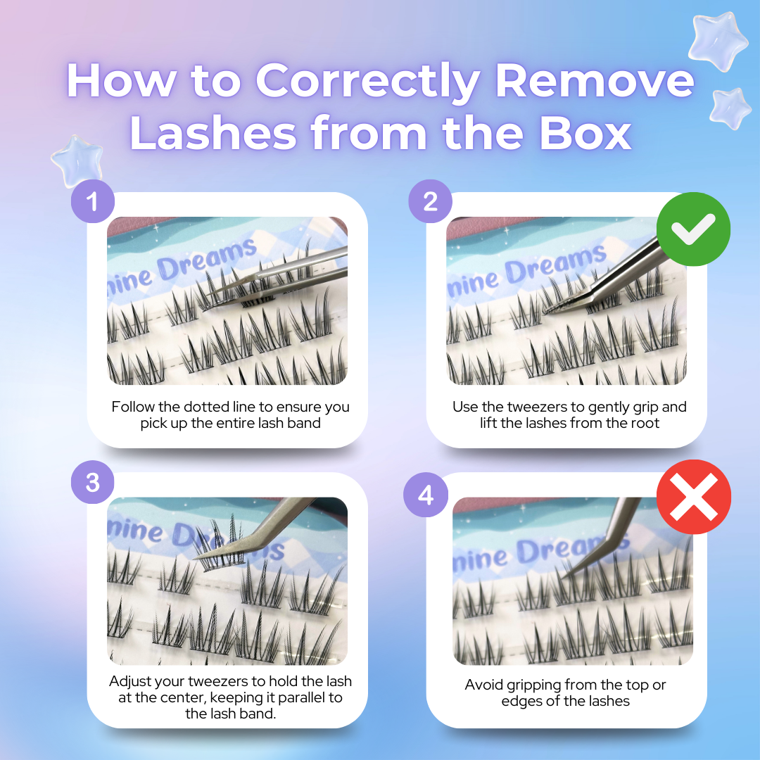 Guide showing how to correctly remove No Glue Milkystar Lashes from lash tray