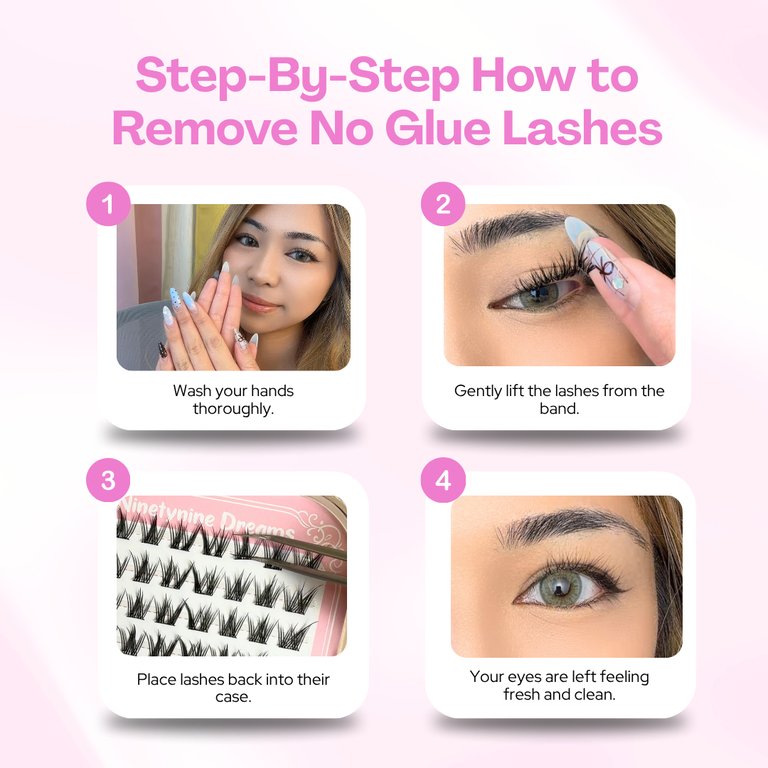 Step-by-step guide for safely removing [NO GLUE] Pinkwhisper self-adhesive cluster lashes after wear.