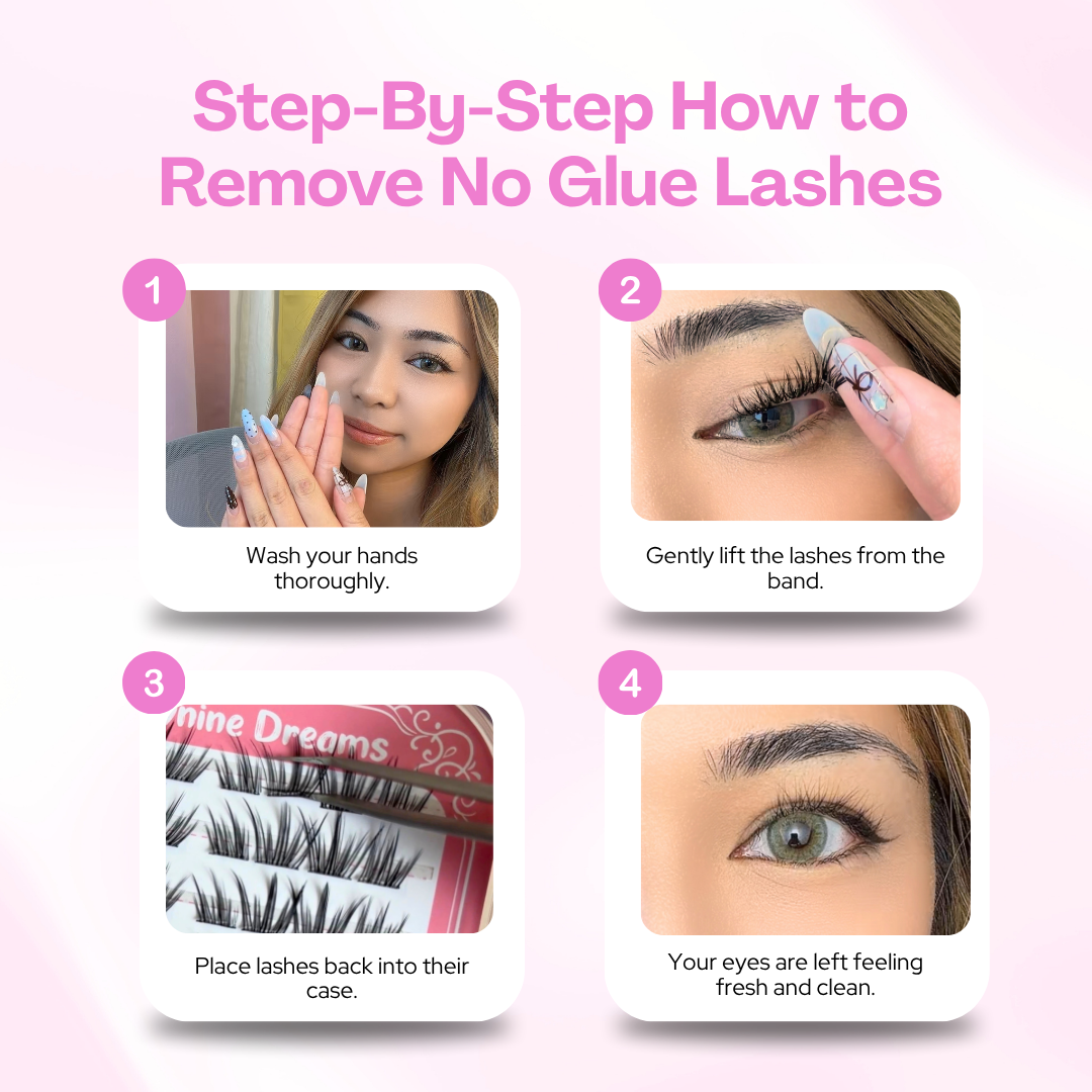 Step-by-step guide for safely removing [NO GLUE] Roseveil self-adhesive cluster lashes after wear.