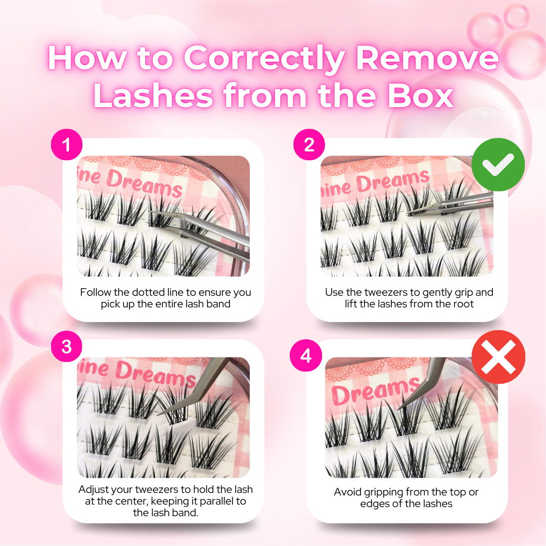 Guide showing how to correctly remove No Glue Sugarpluff Lashes