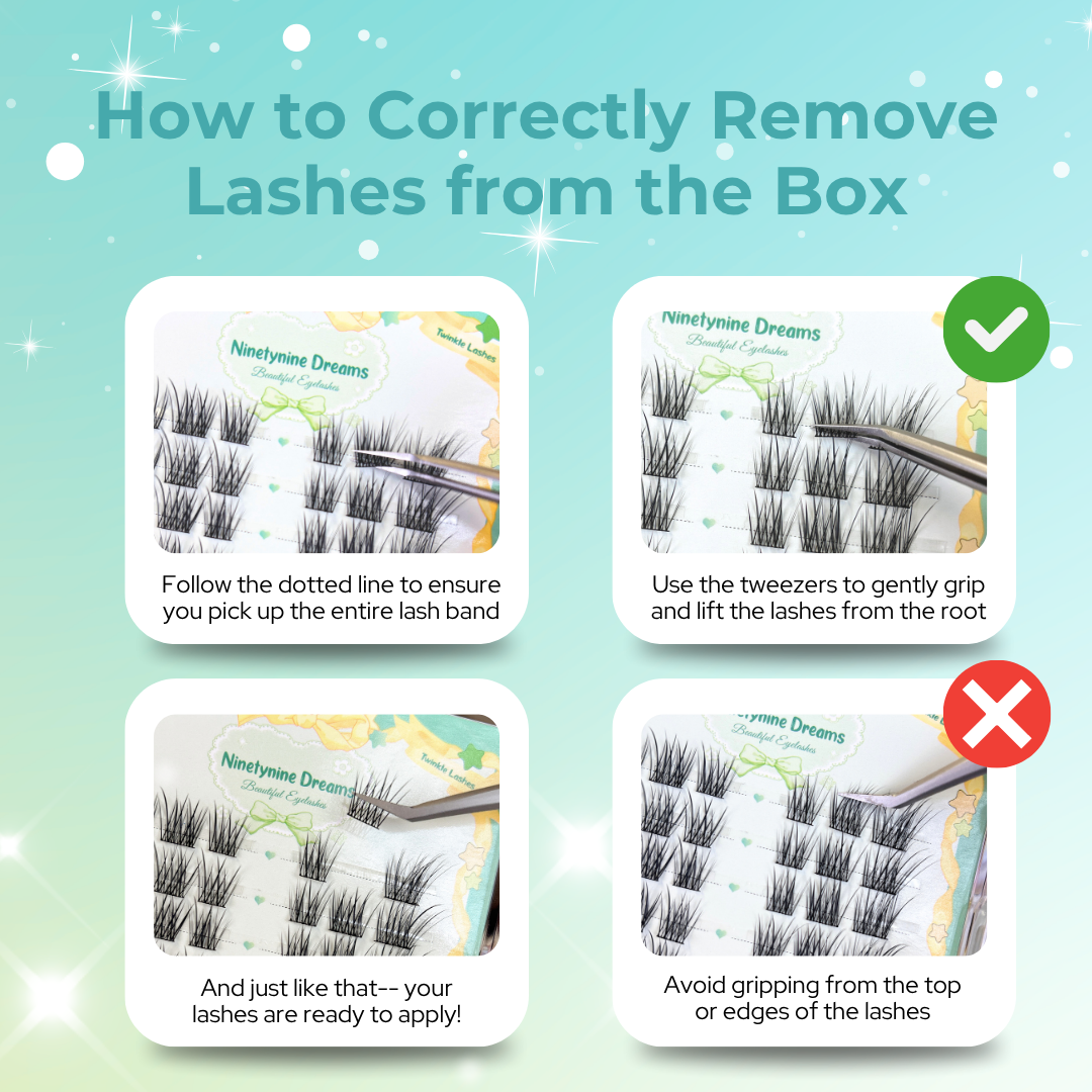 Graphic on how to remove Ninetynine Dreams Twinkle Lashes correctly using tweezers. Lash application guide with dos and don'ts