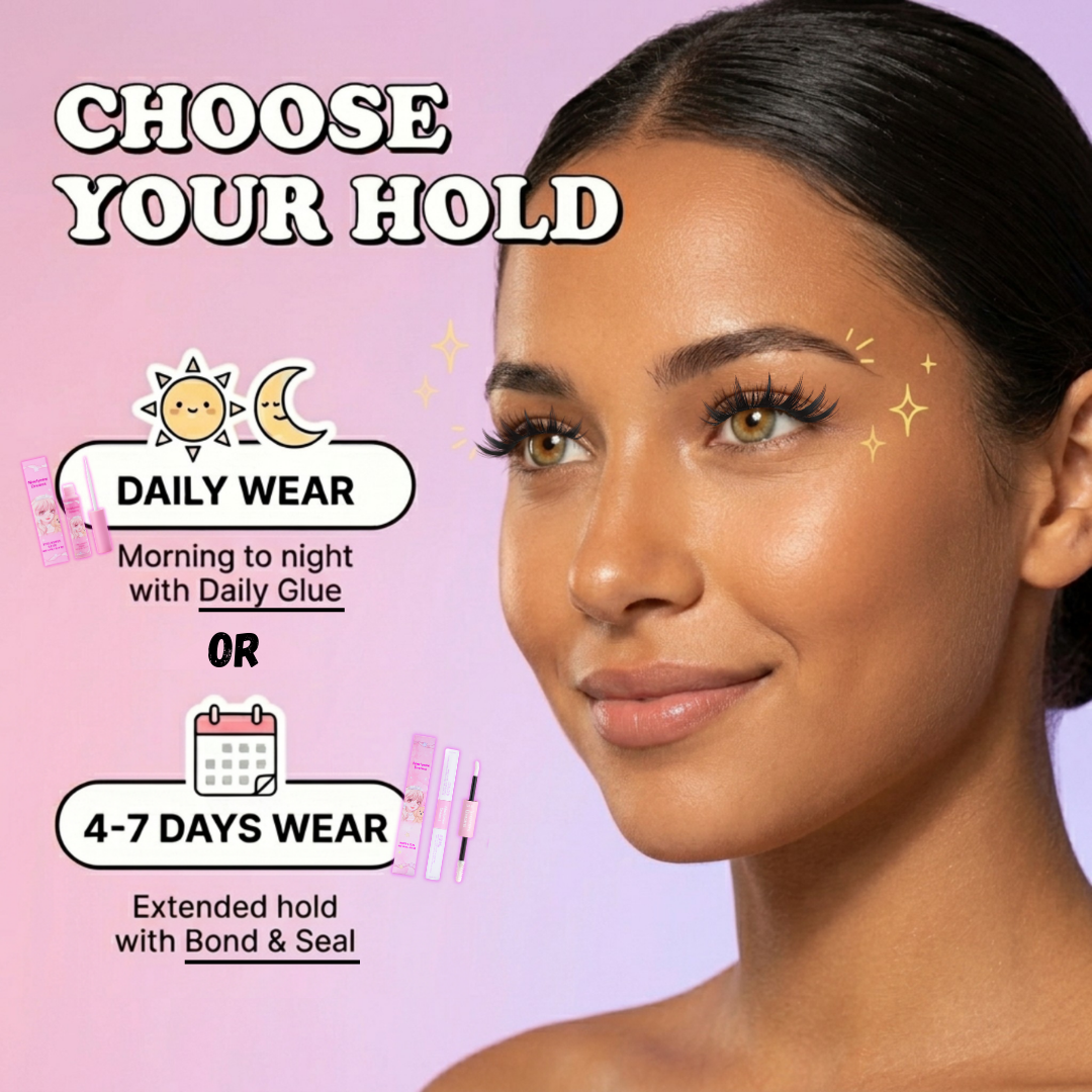Model wearing manhua lash clusters showing application options with daily lash glue or bond and seal for longer wear