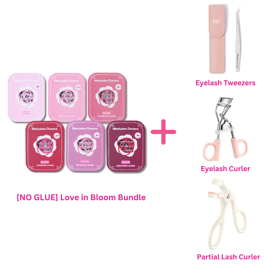 Love in Bloom No Glue Lash Bundle including six self-adhesive lash styles and precision eyelash tweezers.