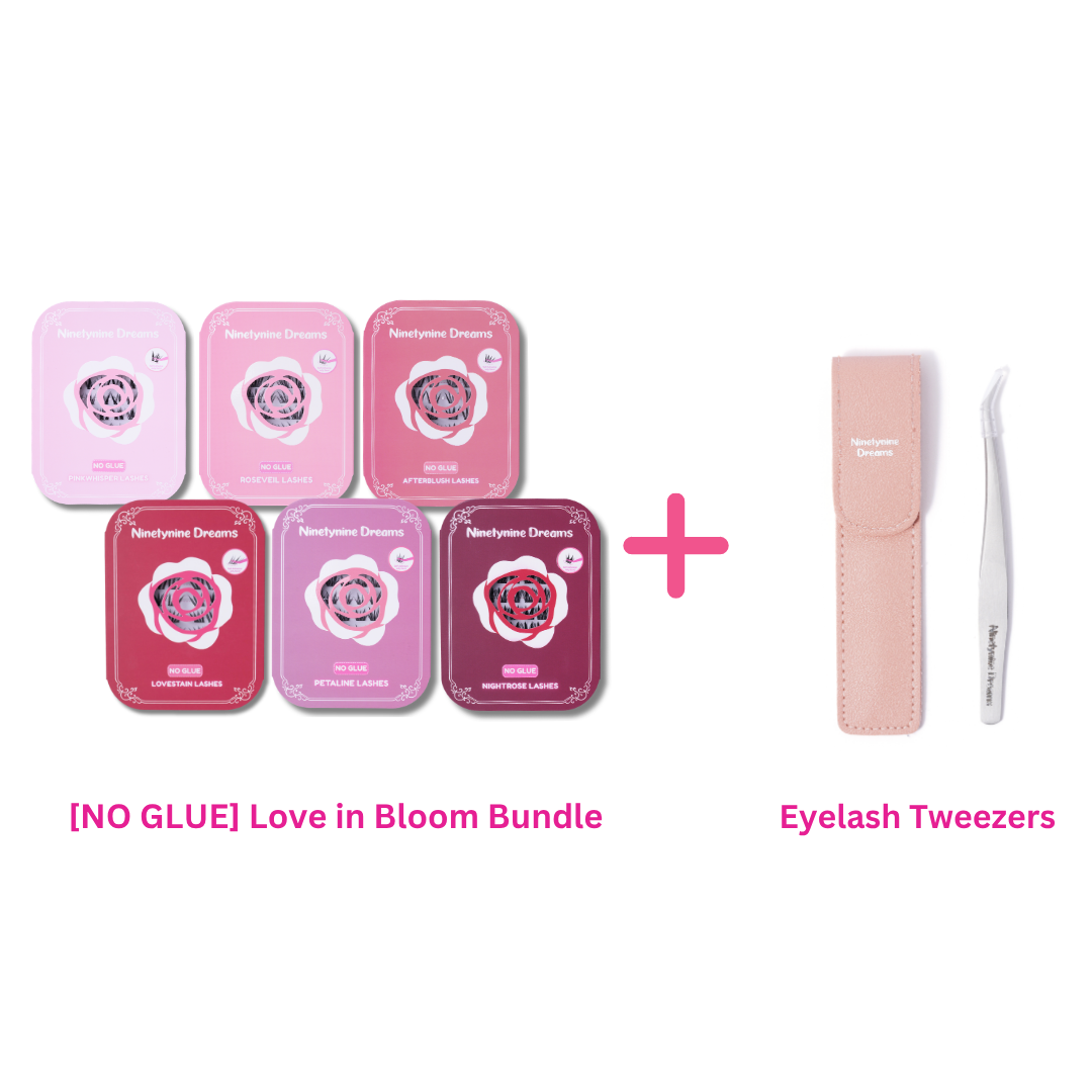 Bundle featuring the Love in Bloom Self-Adhesive No Glue Lash Collection with precision lash tweezers.