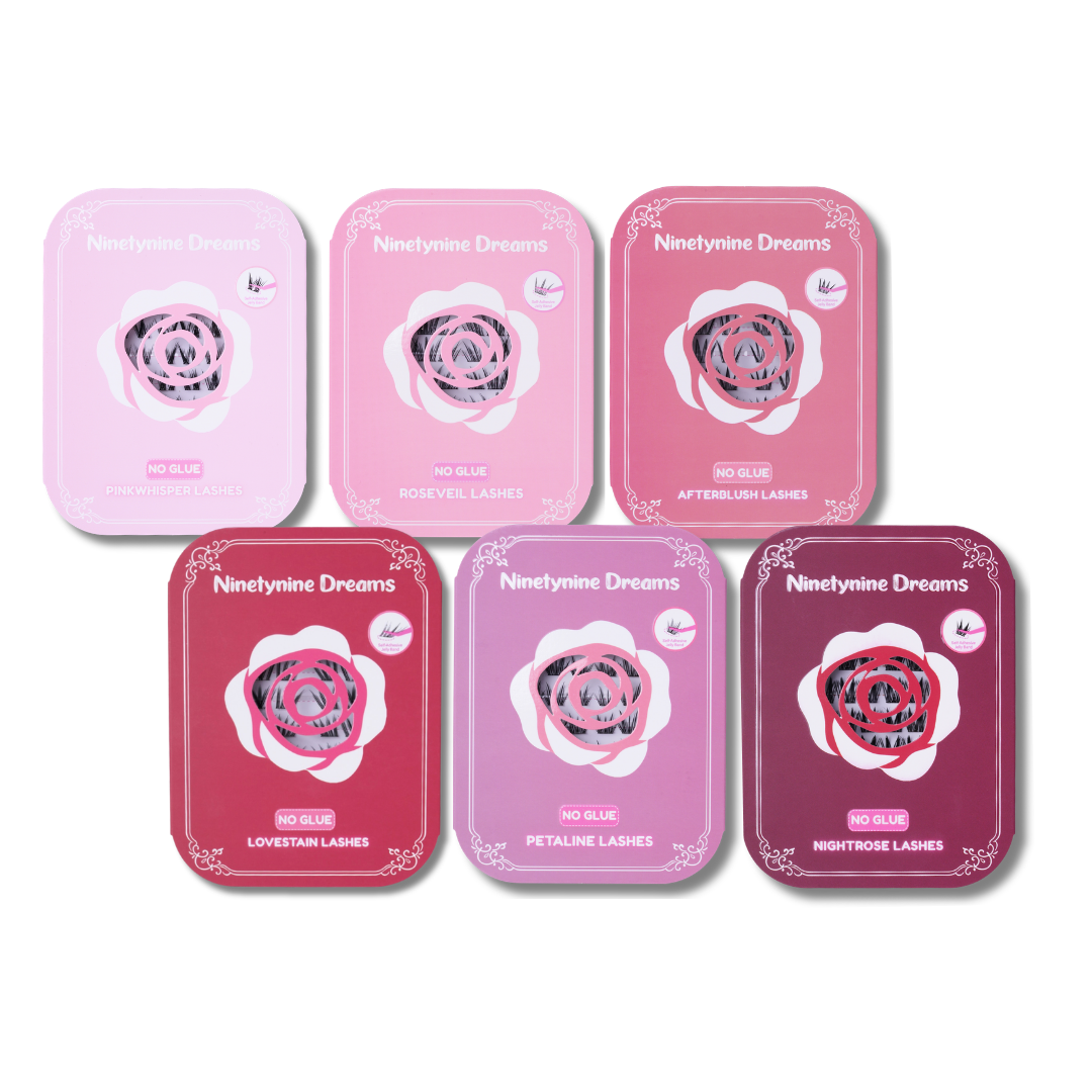 All six Love in Bloom self-adhesive no glue lash styles displayed together in their pink storage cases.