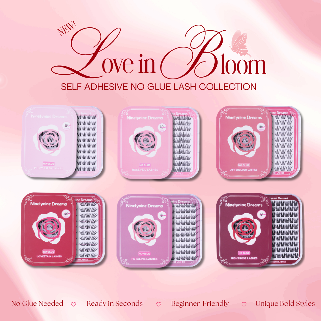 Love in Bloom Self-Adhesive No Glue Lash Collection featuring six dramatic reusable cluster lash styles with a self-adhesive jelly band.