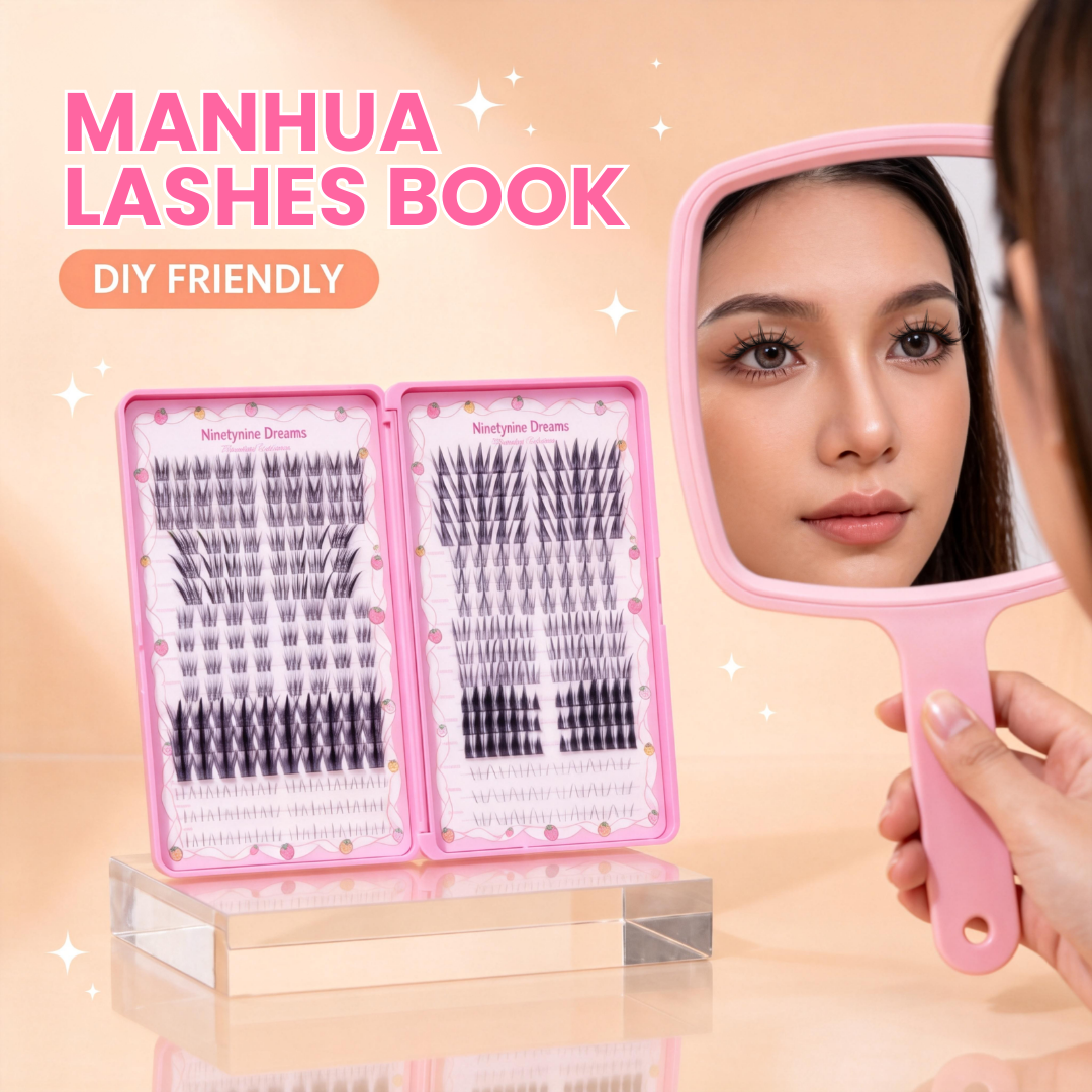 Woman holding mirror wearing Ninetynine Dreams Manhua Lashes Book featuring customizable anime lash clusters