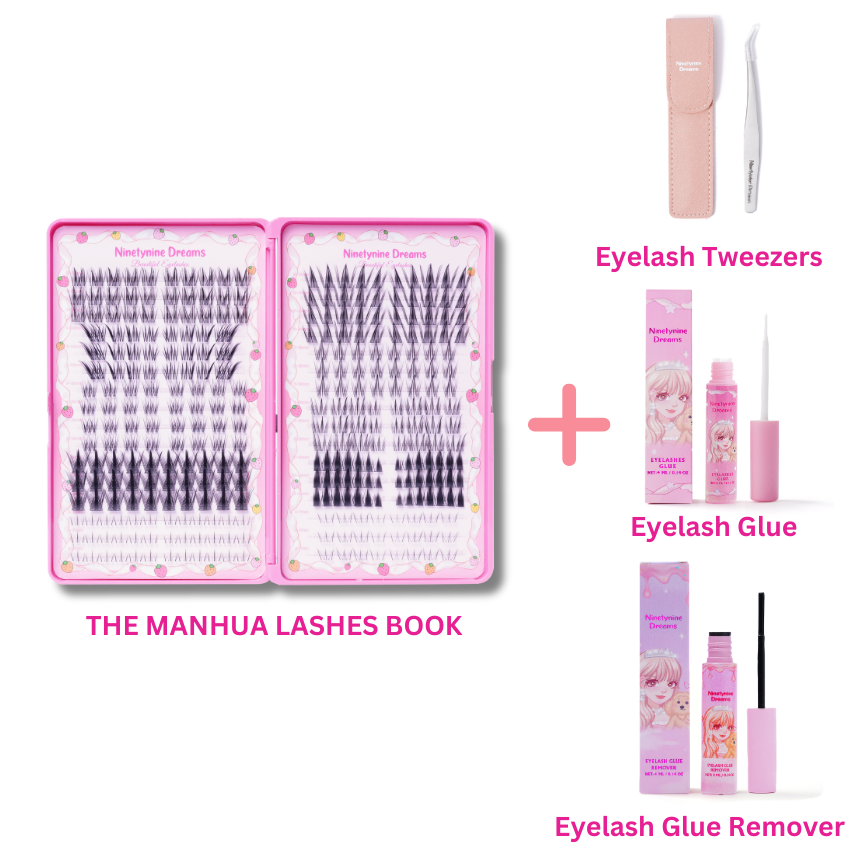 Manhua Lashes Book bundle with lash tweezers, daily lash glue, and lash glue remover