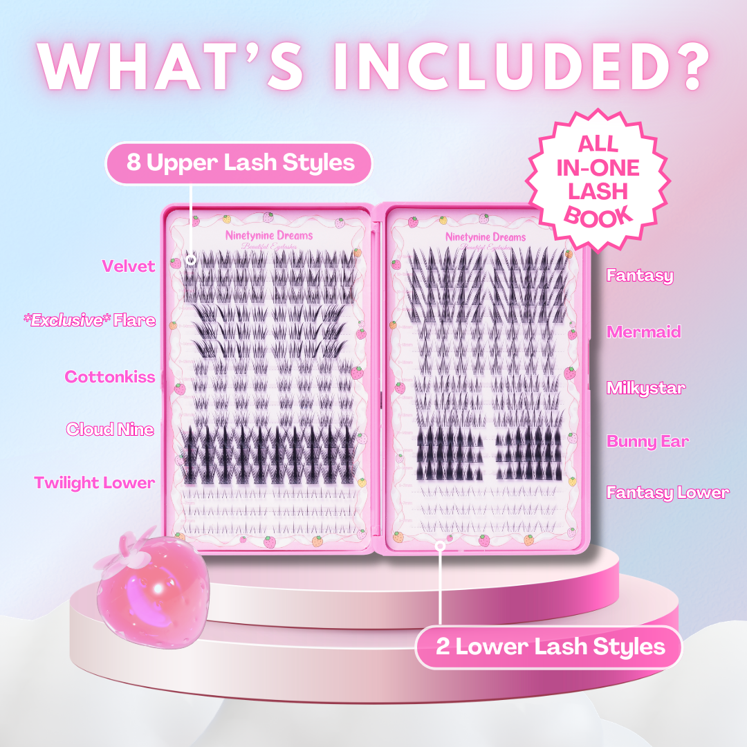 Manhua Lashes Book open showing upper and lower lash cluster styles included in the Ninetynine Dreams lash book set