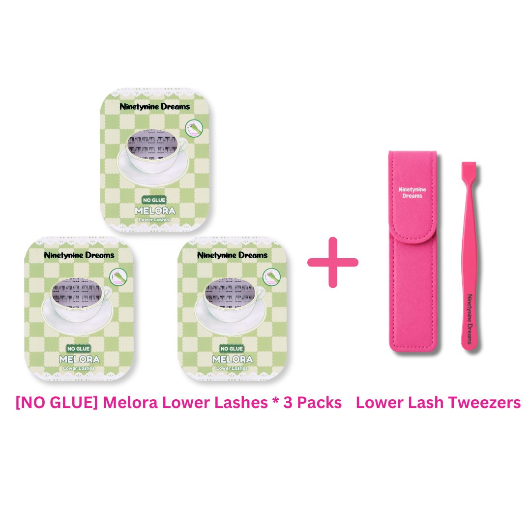 No Glue Melora Lower Lashes three-pack bundle including precision lash tweezers