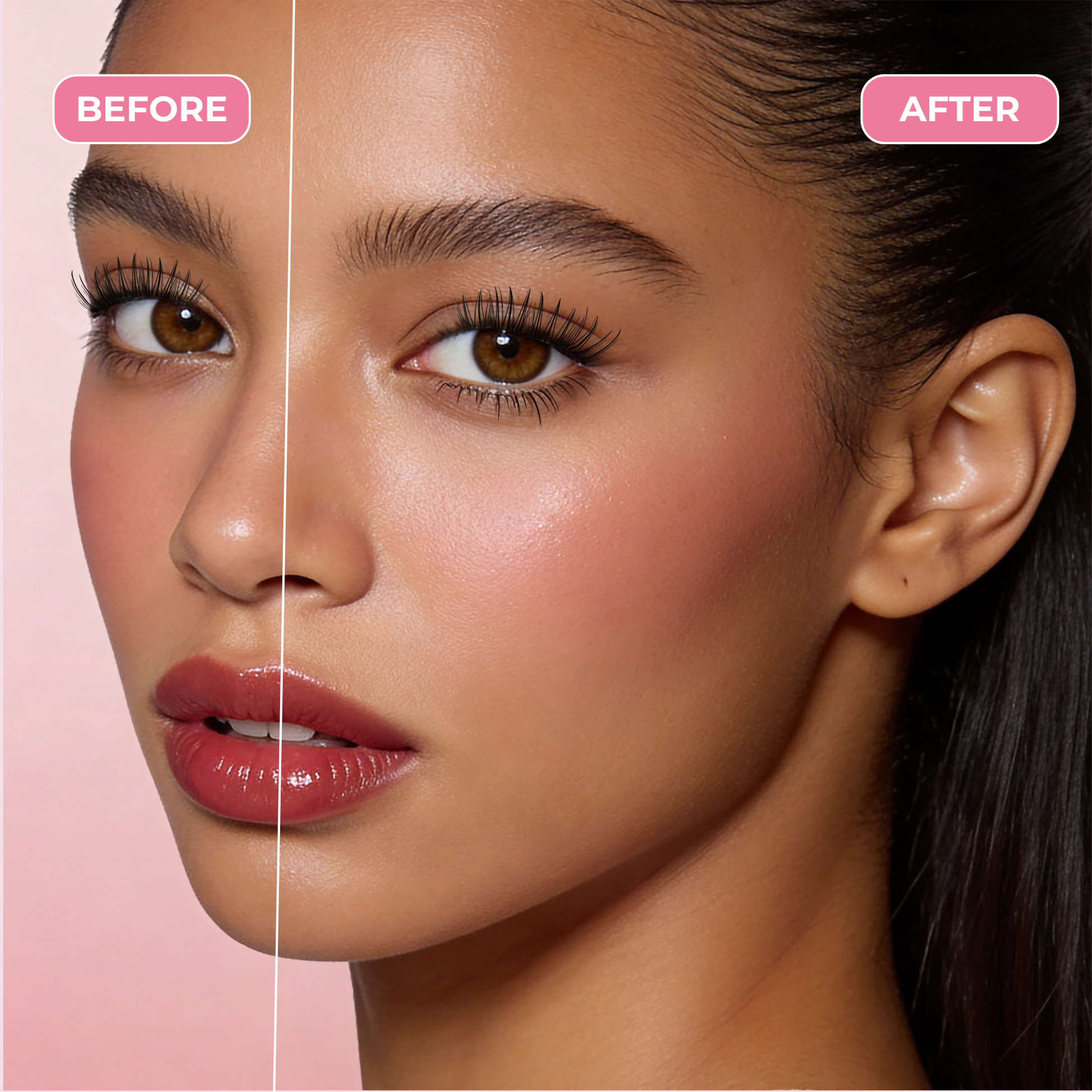 Before and after results showing soft natural eye enhancement with Melora Lower Lashes