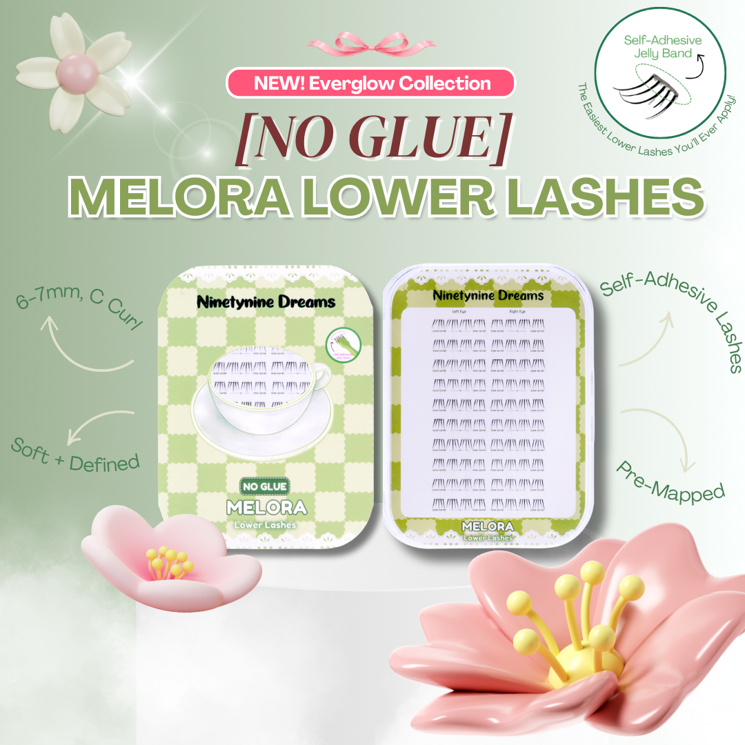 No Glue Melora Lower Lashes product overview showing lash styles and reusable lash bands.