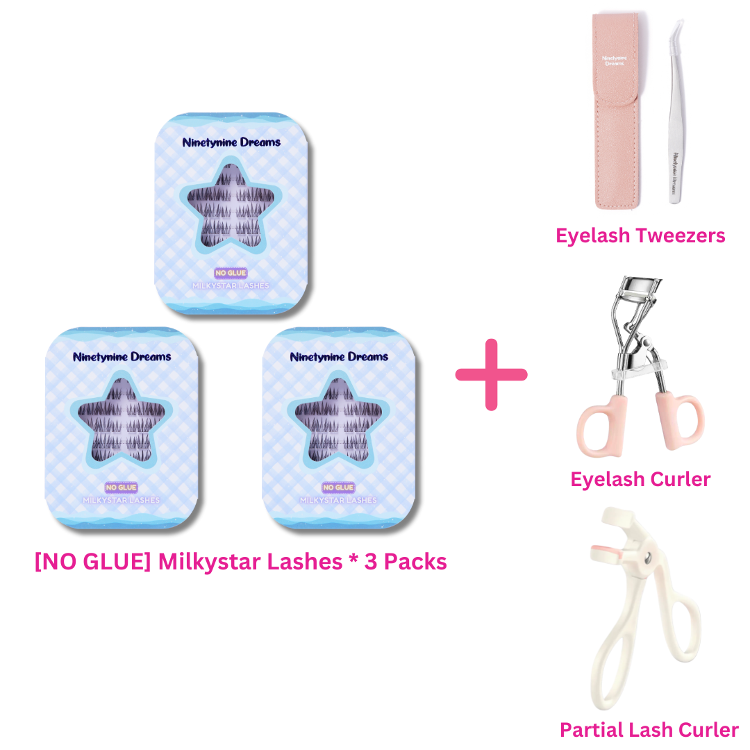 Three pack No Glue Milkystar Lashes bundle with lash tools