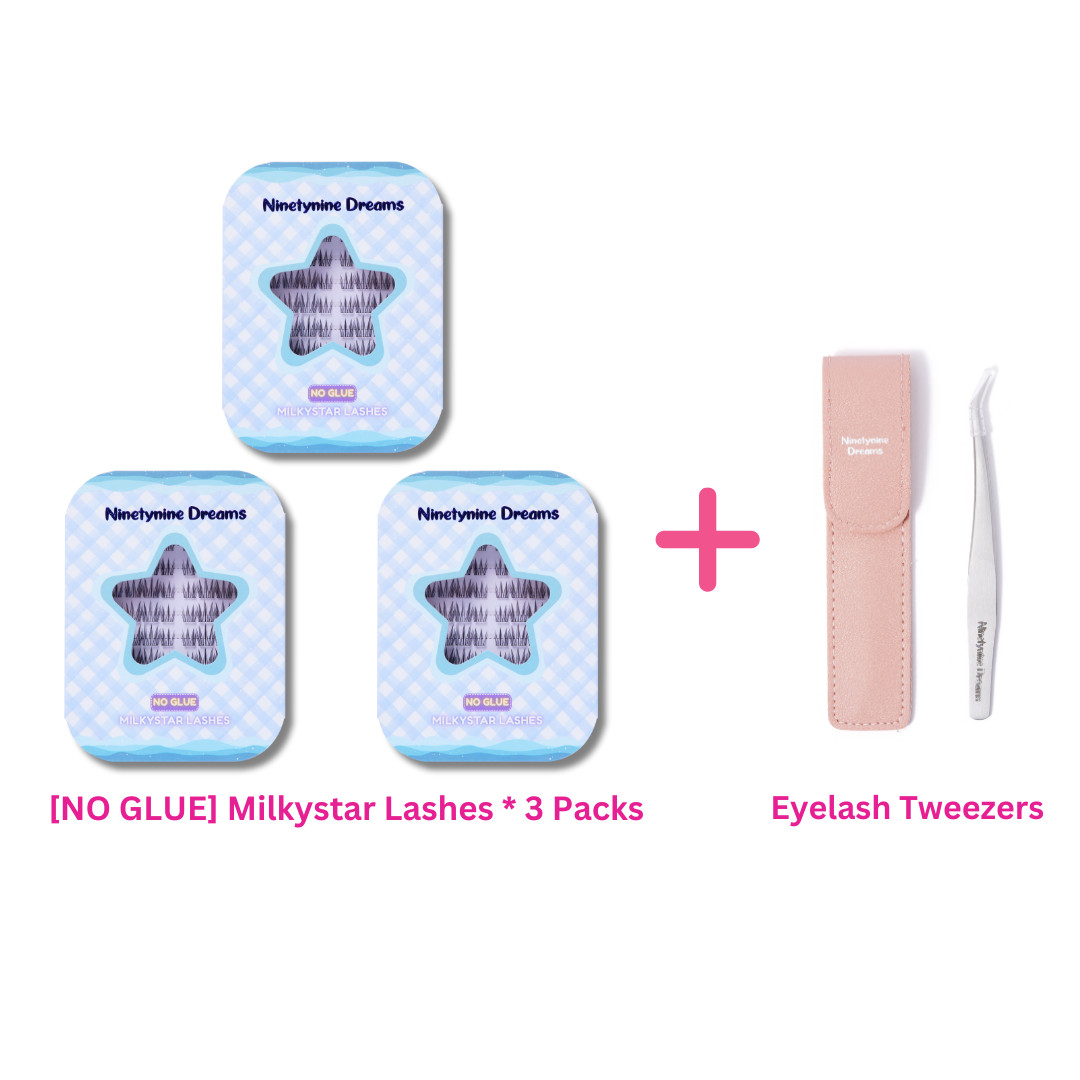 Three pack bundle of No Glue Milkystar Lashes with tweezers