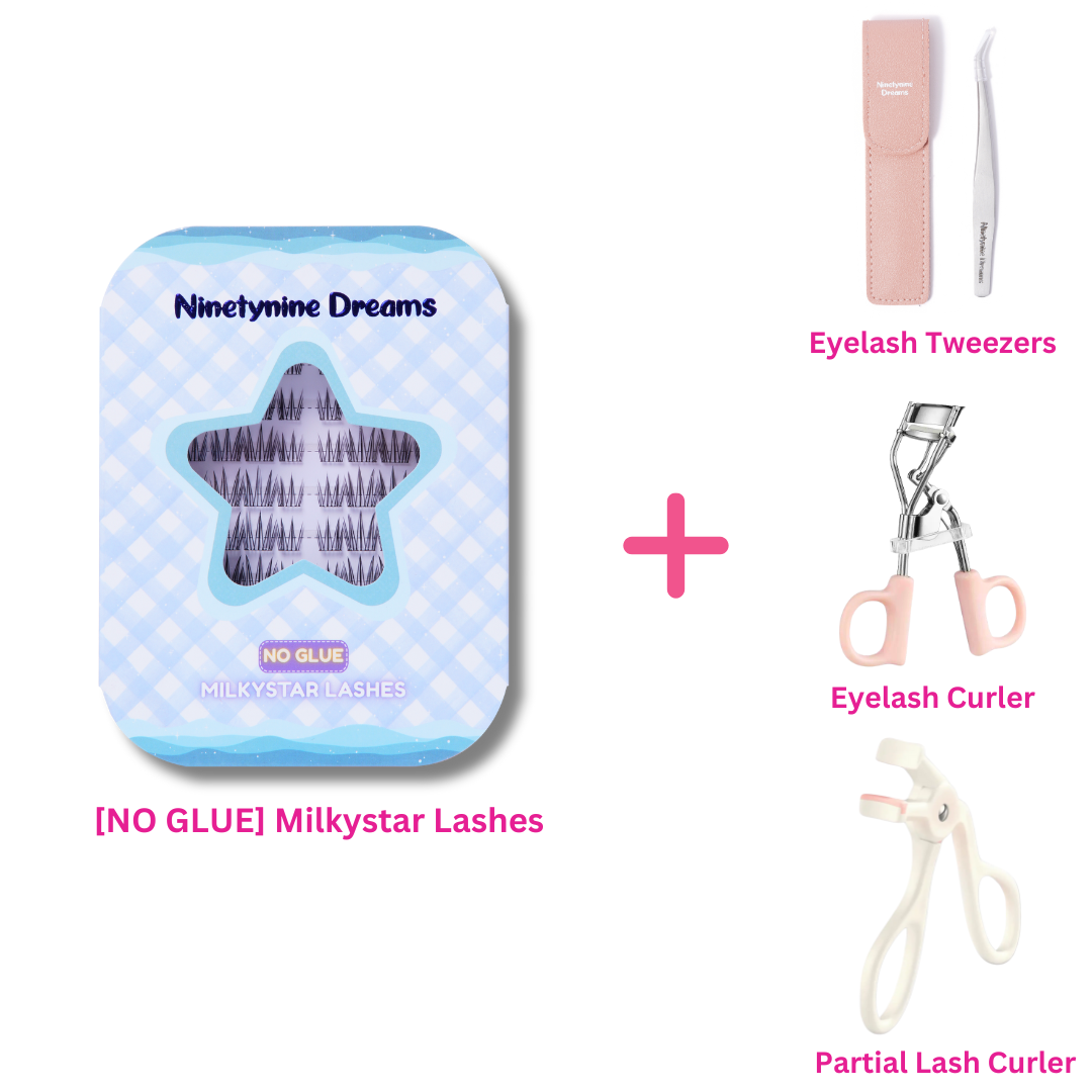No Glue Milkystar Lashes bundle with lash curler and tweezers