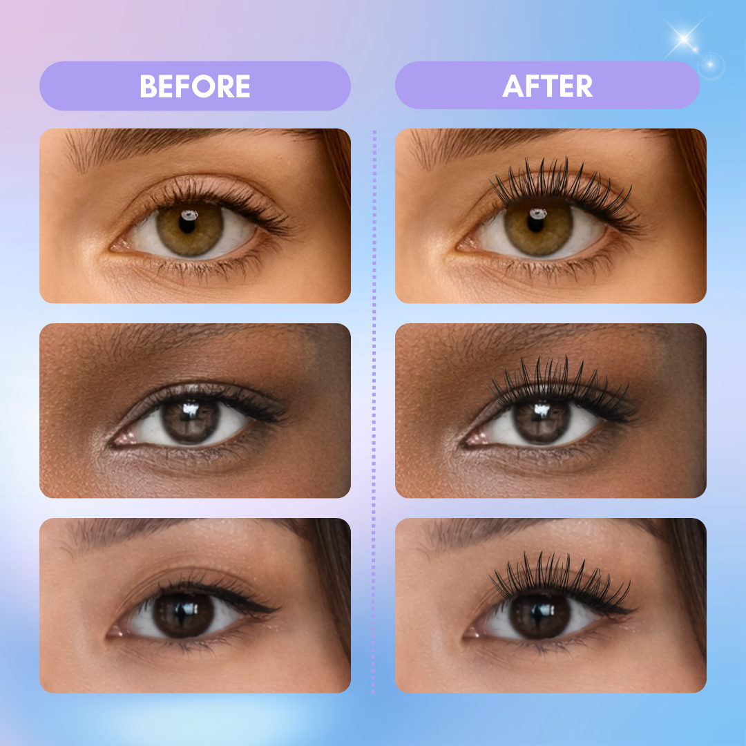 Before and after wearing No Glue Milkystar Lashes showing soft wispy lash look