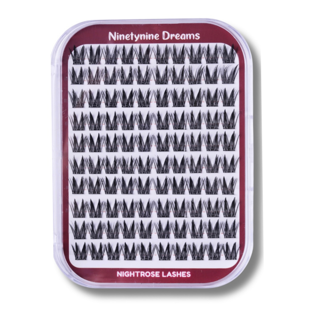 Close-up of the [NO GLUE] Nightrose lash tray with pre-mapped self-adhesive cluster lashes.
