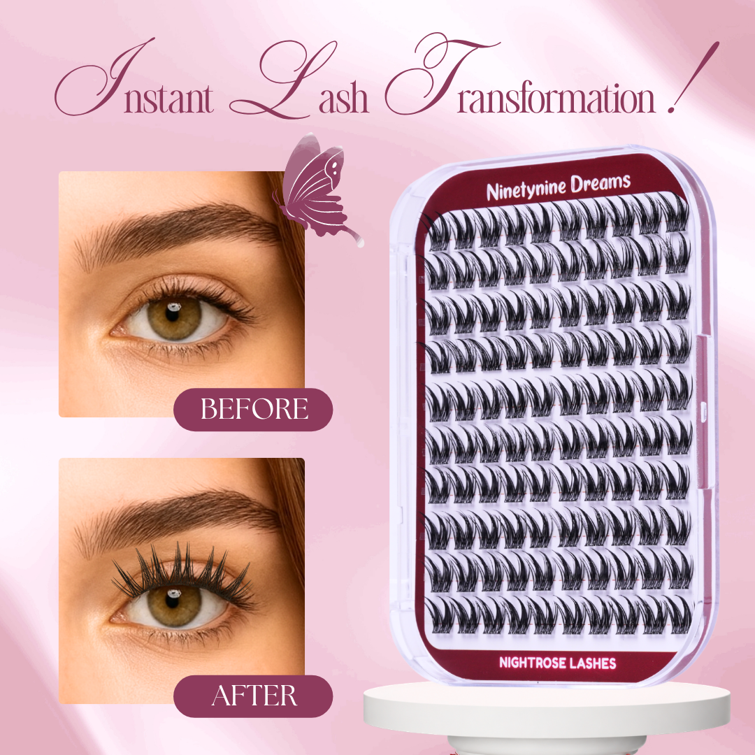 Before and after wearing [NO GLUE] Nightrose self-adhesive cluster lashes, showing a dramatic eye-enhancing effect.