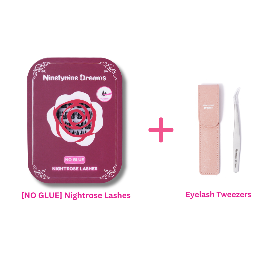 [NO GLUE] Nightrose lash bundle including one pack of self-adhesive cluster lashes and precision eyelash tweezers.