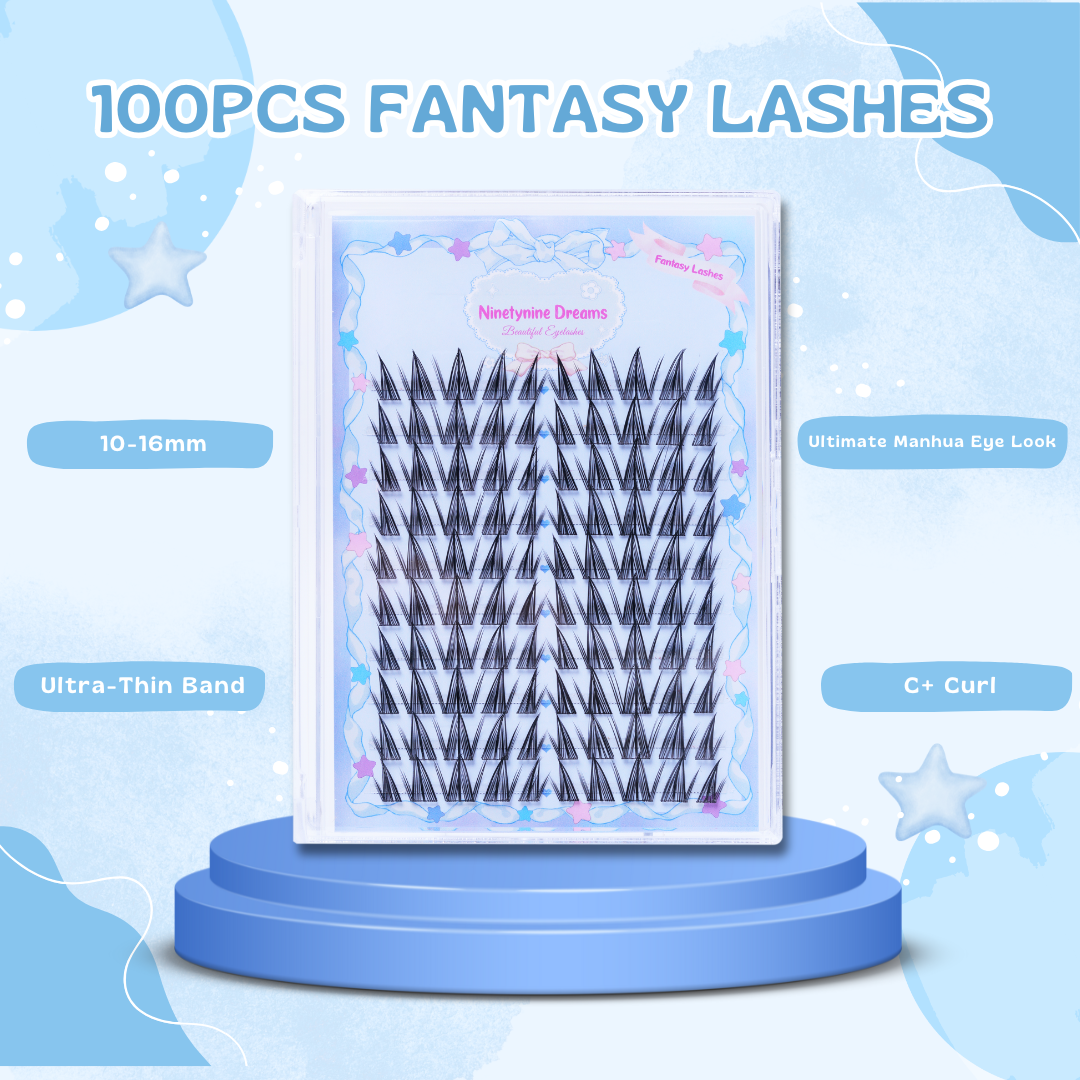 Infographic showing how to apply 100PCS Fantasy Lashes, highlighting step-by-step instructions for a flawless look