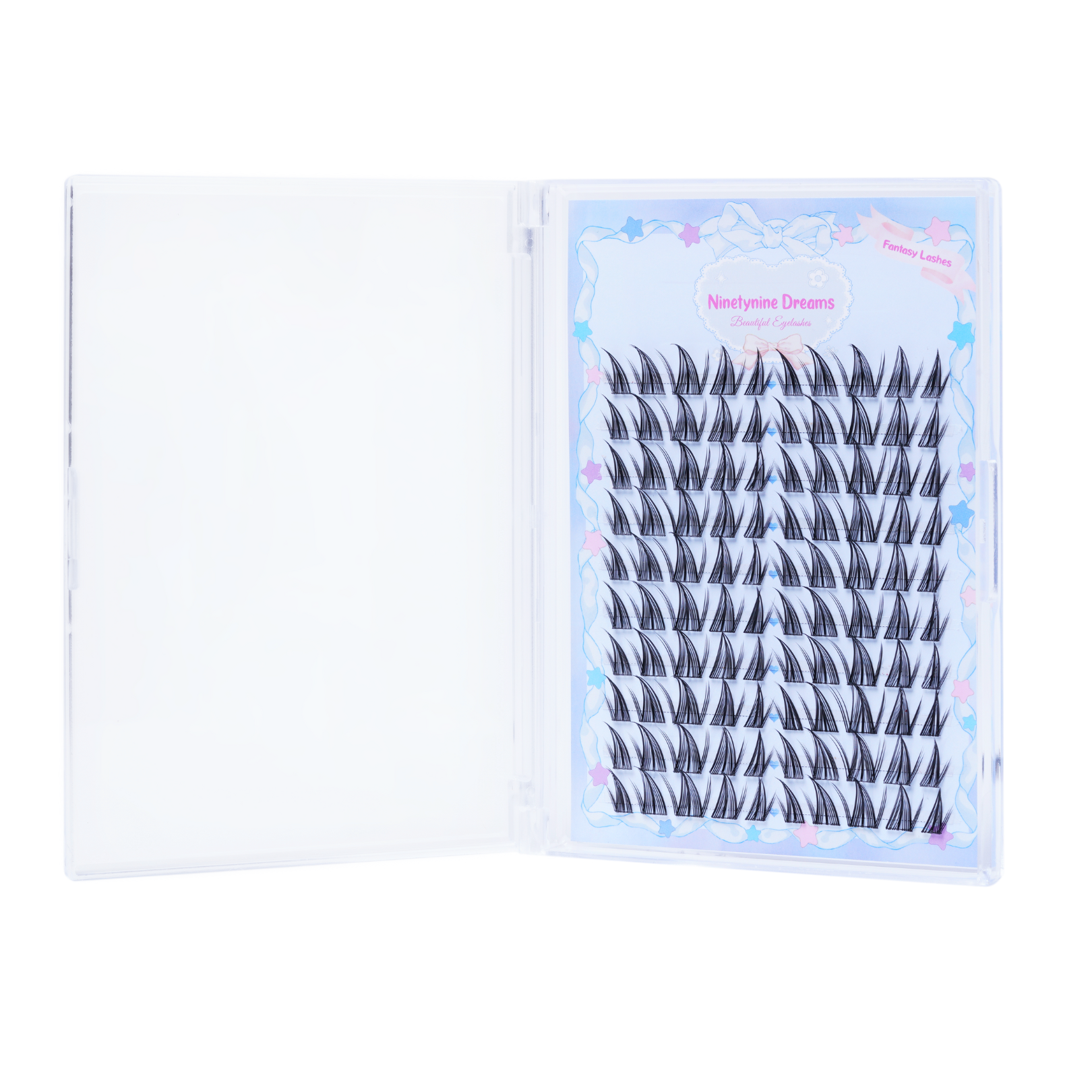 Side view of 100PCS Fantasy Lashes, showcasing individual clusters and thin black band.