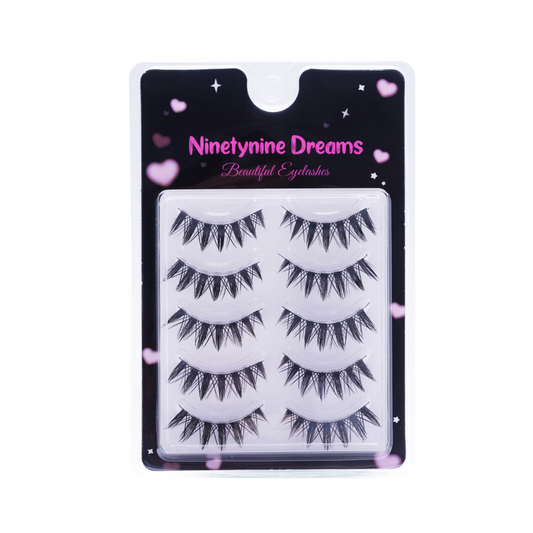 5 Pairs Bunny Ear Lashes with a wispy and spiky design, featuring 8-12mm length and a lightweight, flexible band for a sweet, playful look