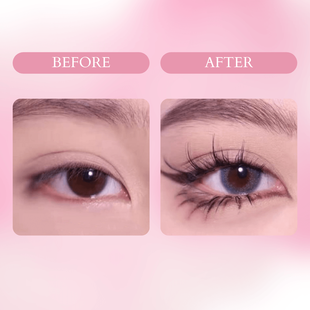 Before and after comparison with 70PCs Little Devil Style Lashes applied, showcasing their ability to create a bold and devilishly dramatic transformation