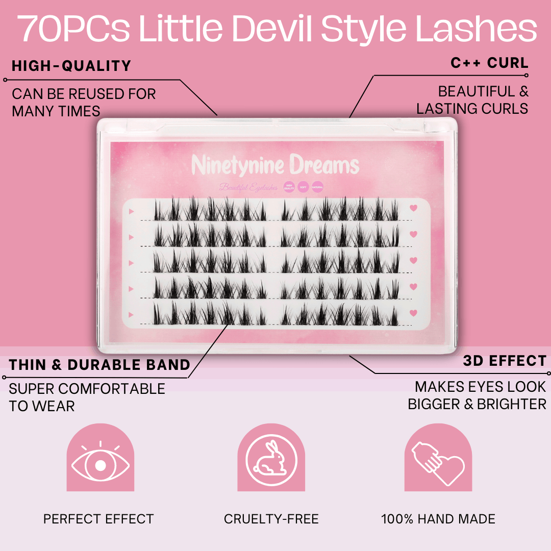 Graphic poster featuring 70PCs Little Devil Style Lashes, showcasing their bold, spiky design and 12-16mm length, perfect for creating a fierce and dramatic lash enhancement