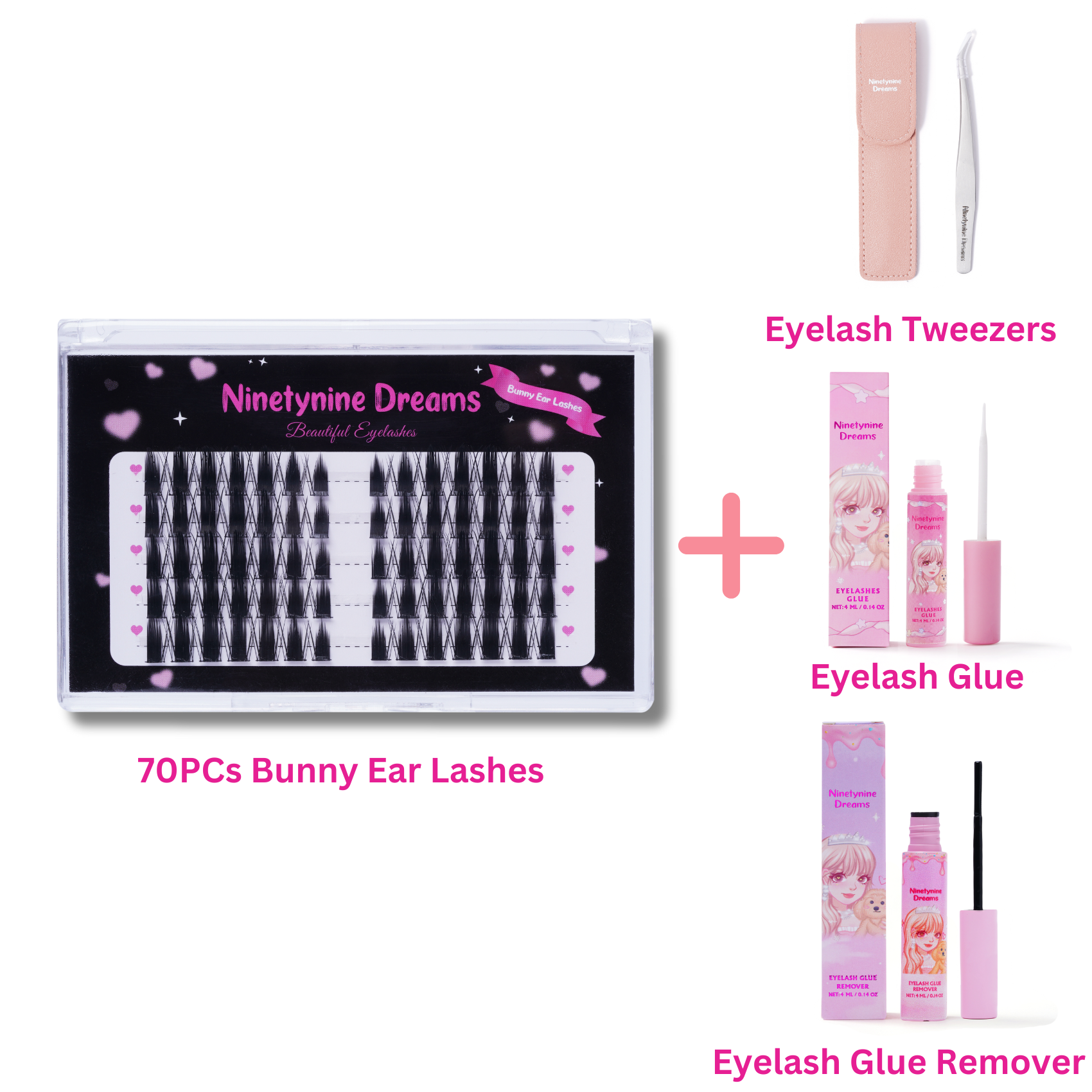 Ninetynine Dreams Bunny Ear Lashes – 1 pack accessory photo. Eyelash Tweezers, Eyelash Glue,  Eyelash Glue Remover. premium cluster false eyelashes in black, wispy and lightweight lash extensions for natural, fluffy volume.