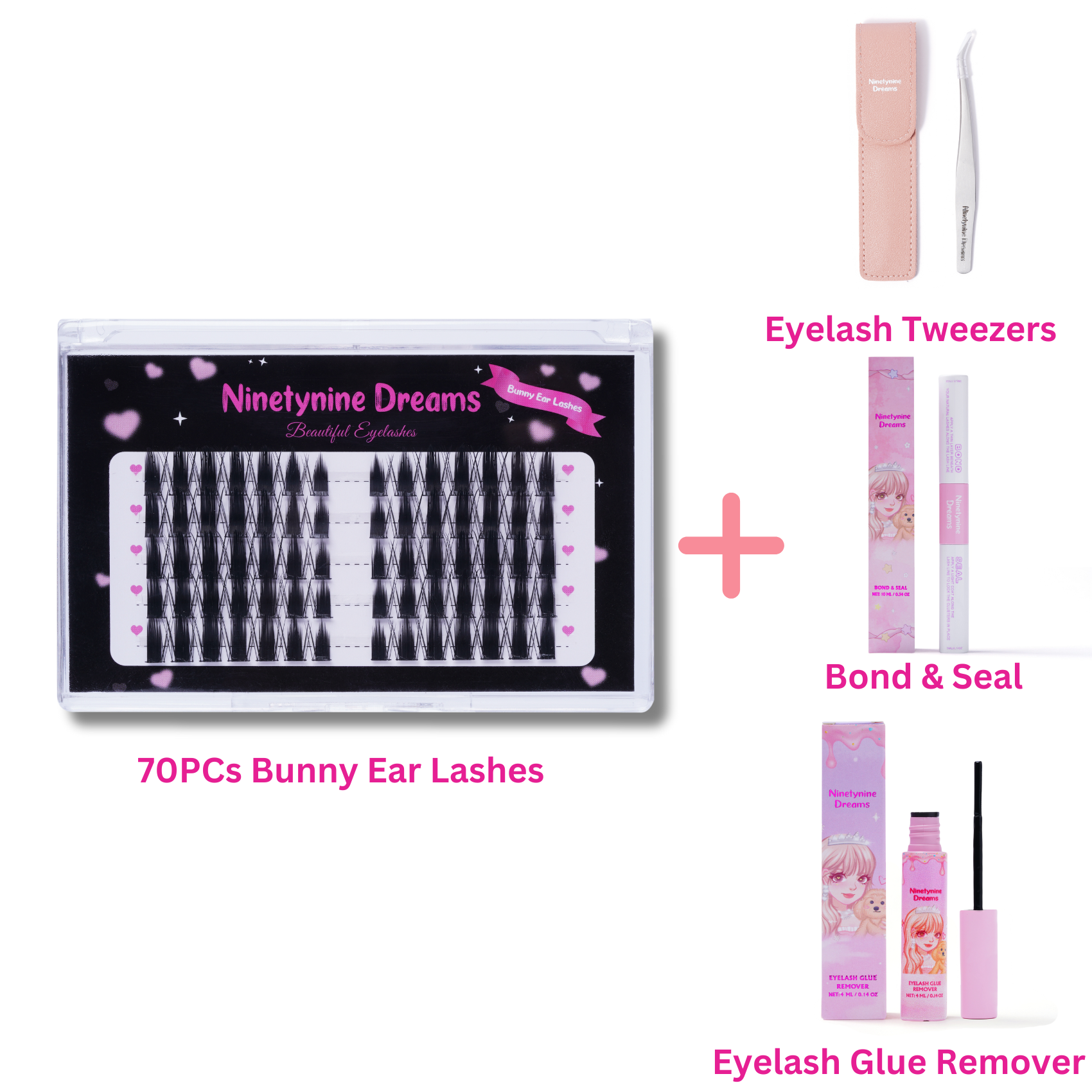 Ninetynine Dreams Bunny Ear Lashes – 1 pack accessory photo. Eyelash Tweezers, Bond & Seal,  Eyelash Glue Remover. premium cluster false eyelashes in black, wispy and lightweight lash extensions for natural, fluffy volume.