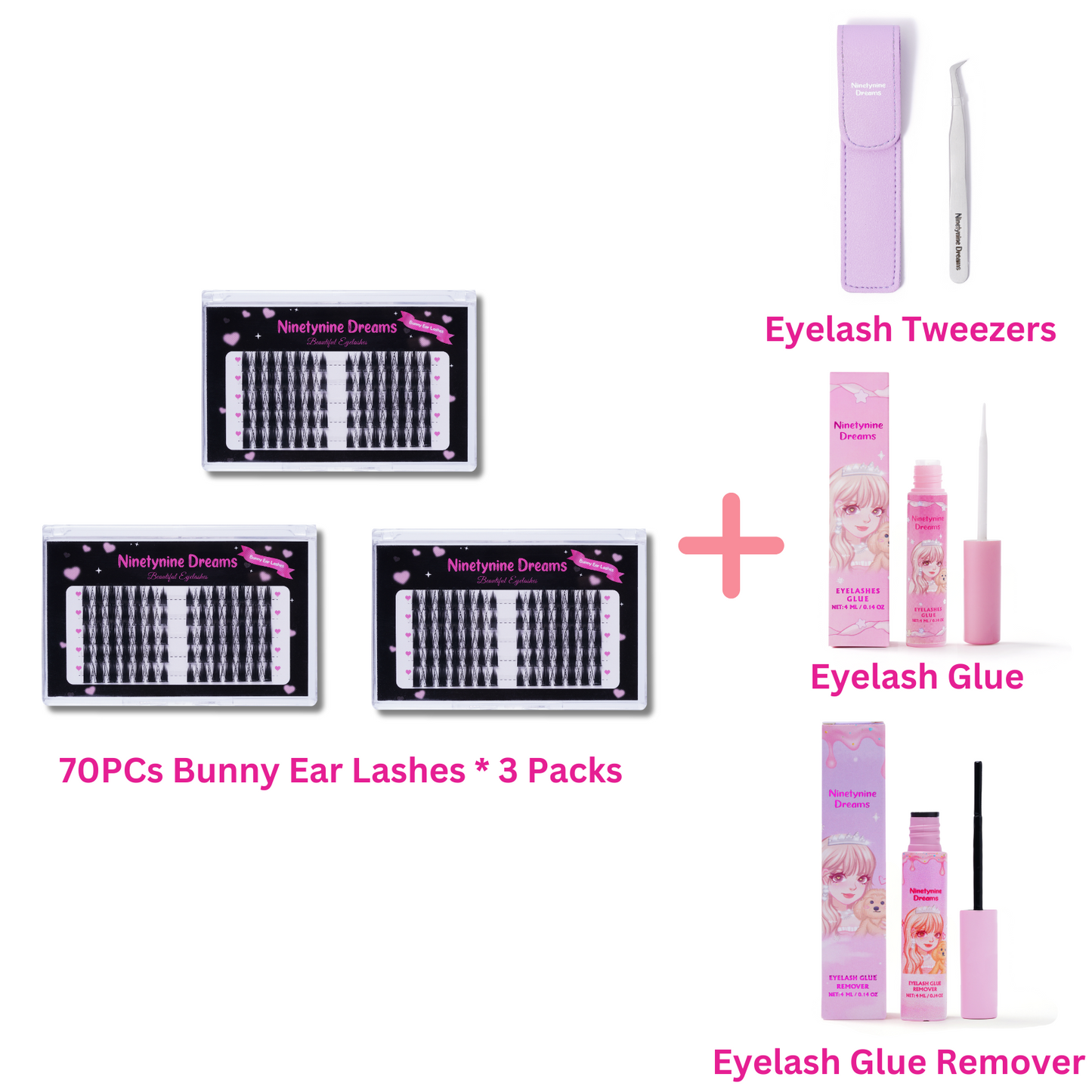 Ninetynine Dreams Bunny Ear Lashes – 3 packs accessory photo. Eyelash Tweezers, Eyelash Glue,  Eyelash Glue Remover. premium cluster false eyelashes in black, wispy and lightweight lash extensions for natural, fluffy volume.