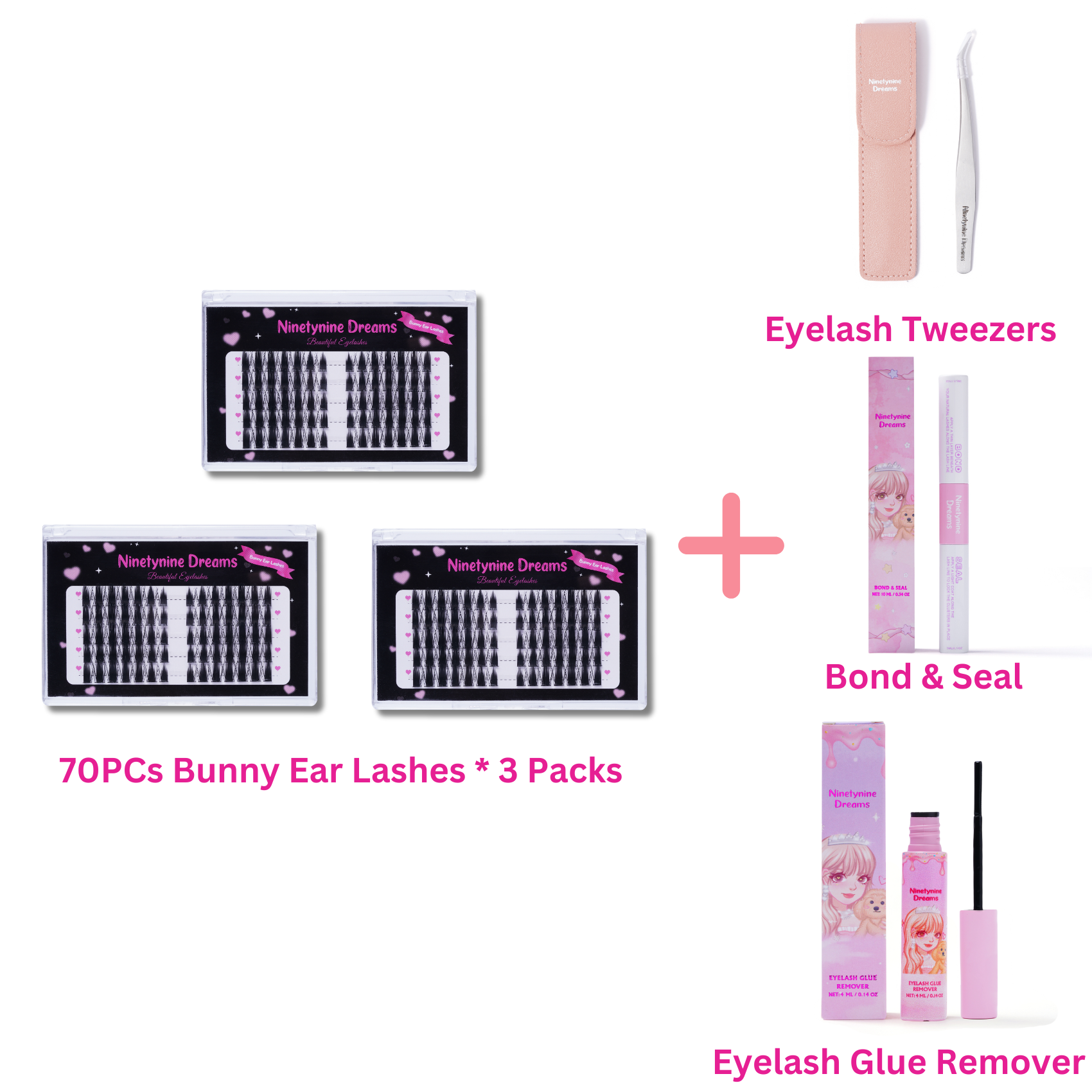Ninetynine Dreams Bunny Ear Lashes – 3  packs accessory photo. Eyelash Tweezers, Bond & Seal, Eyelash Glue Remover. premium cluster false eyelashes in black, wispy and lightweight lash extensions for natural, fluffy volume.