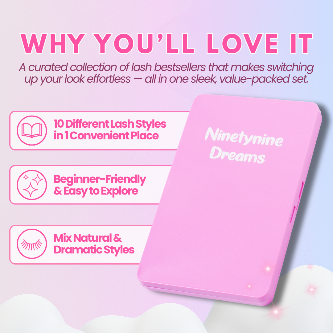 Ninetynine Dreams lash book highlighting benefits like 10 lash styles, beginner friendly application, and customizable anime lashes