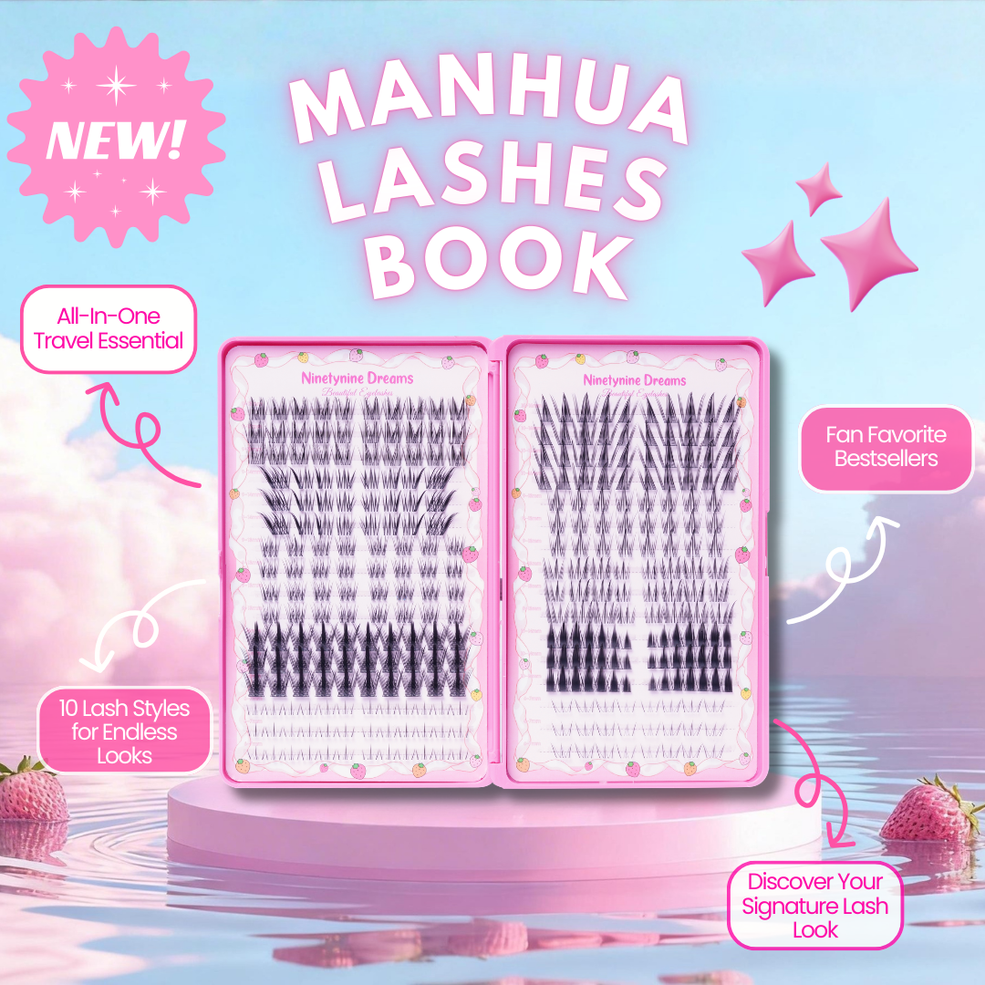 Ninetynine Dreams Manhua Lashes Book featuring 10 styles of anime inspired lash clusters for customizable lash looks
