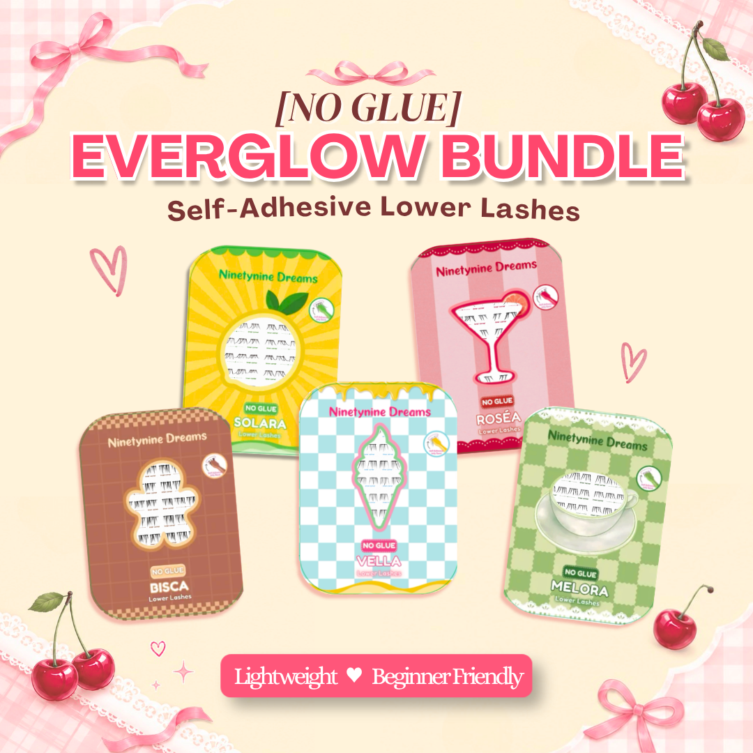 Ninetynine Dreams No Glue Everglow Bundle featuring six self-adhesive lower lash styles for natural and doll-eye looks