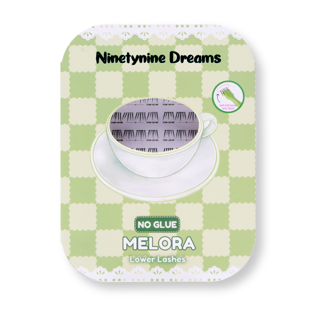 Ninetynine Dreams No Glue Melora Lower Lashes self-adhesive lower lash pack with matcha latte-inspired green packaging