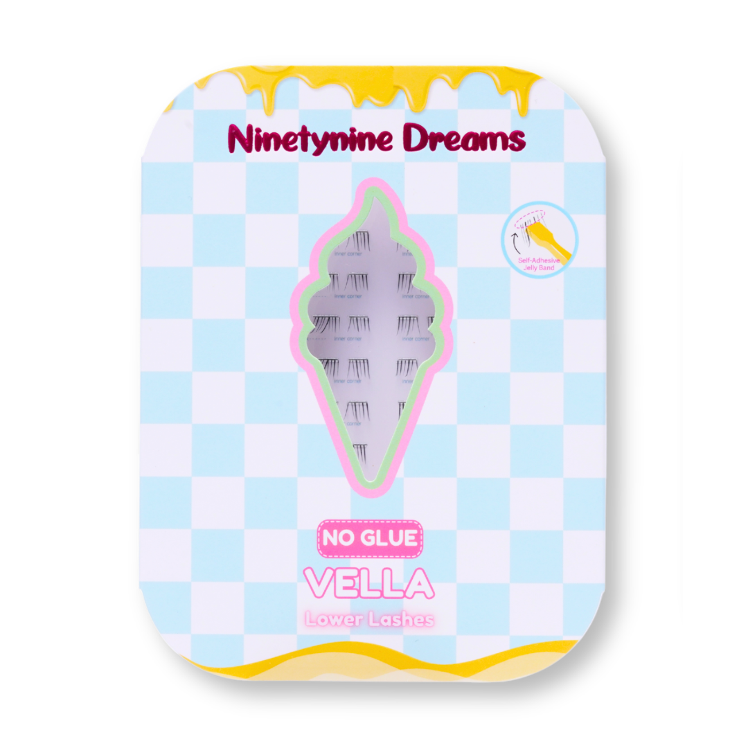 Ninetynine Dreams No Glue Vella Lower Lashes self-adhesive lower lash pack with pastel ice cream themed packaging