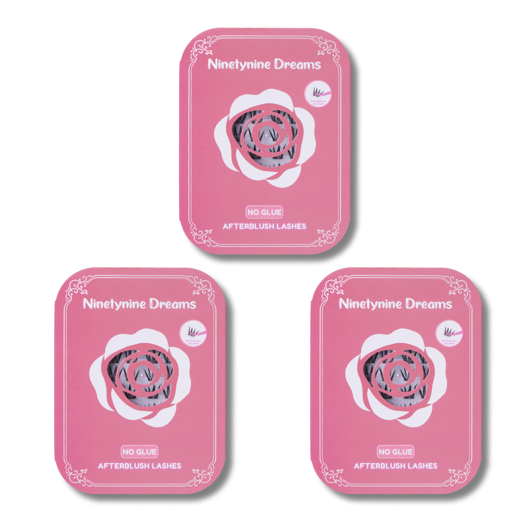Three-pack bundle of [NO GLUE] Afterblush self-adhesive cluster lashes.
