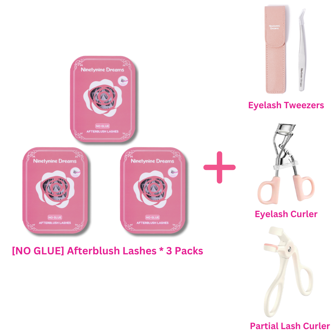 Three-pack bundle of [NO GLUE] Afterblush self-adhesive cluster lashes with eyelash tweezers, an eyelash curler, and a partial eyelash curler.