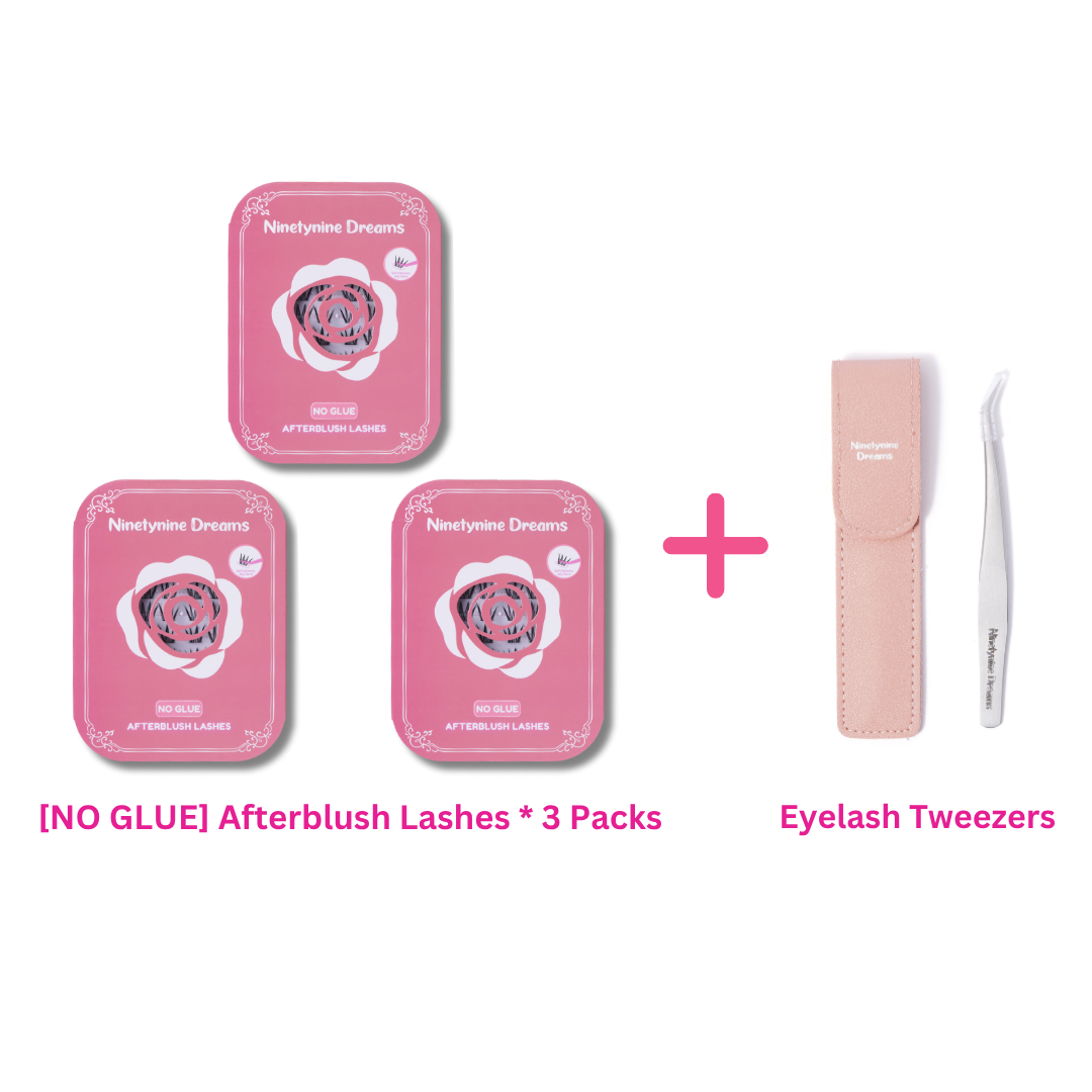 Three-pack bundle of [NO GLUE] Afterblush self-adhesive cluster lashes with precision eyelash tweezers.