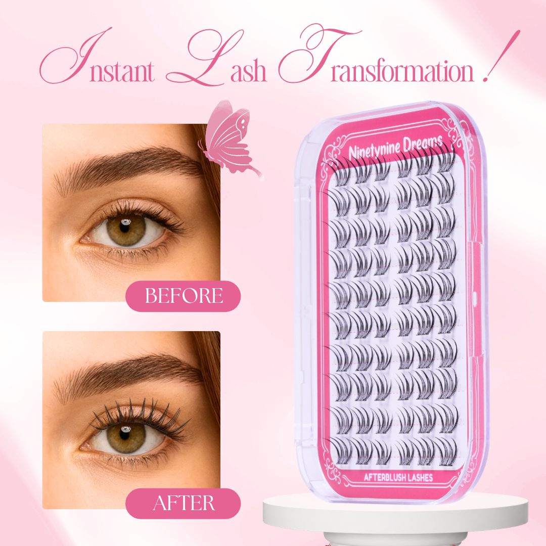 Before and after wearing [NO GLUE] Afterblush self-adhesive cluster lashes alongside the Afterblush lash tray.