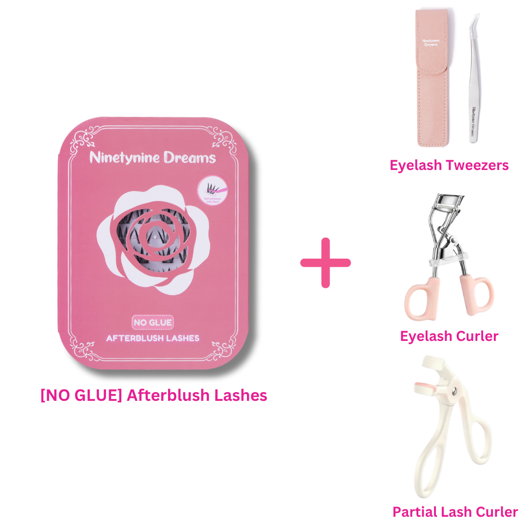 [NO GLUE] Afterblush self-adhesive cluster lashes bundled with eyelash tweezers, an eyelash curler, and a partial eyelash curler.